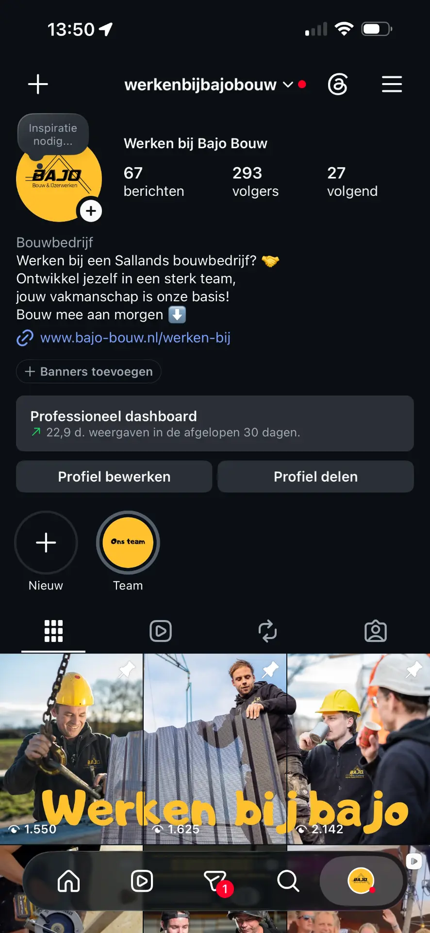 Instagram-profiel van Werken bij Bajo Bouw